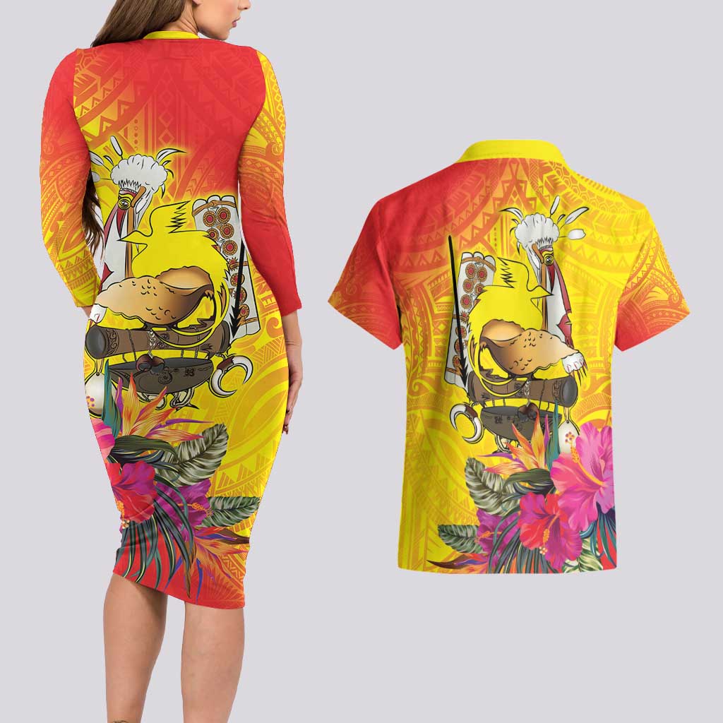 Papua New Guinea Cultural Tropical Flowers Couples Matching Long Sleeve Bodycon Dress and Hawaiian Shirt LT9 - Polynesian Pride