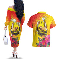 Papua New Guinea Cultural Tropical Flowers Couples Matching Off The Shoulder Long Sleeve Dress and Hawaiian Shirt LT9 - Polynesian Pride