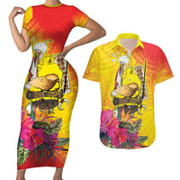 Papua New Guinea Cultural Tropical Flowers Couples Matching Short Sleeve Bodycon Dress and Hawaiian Shirt LT9 Gold - Polynesian Pride