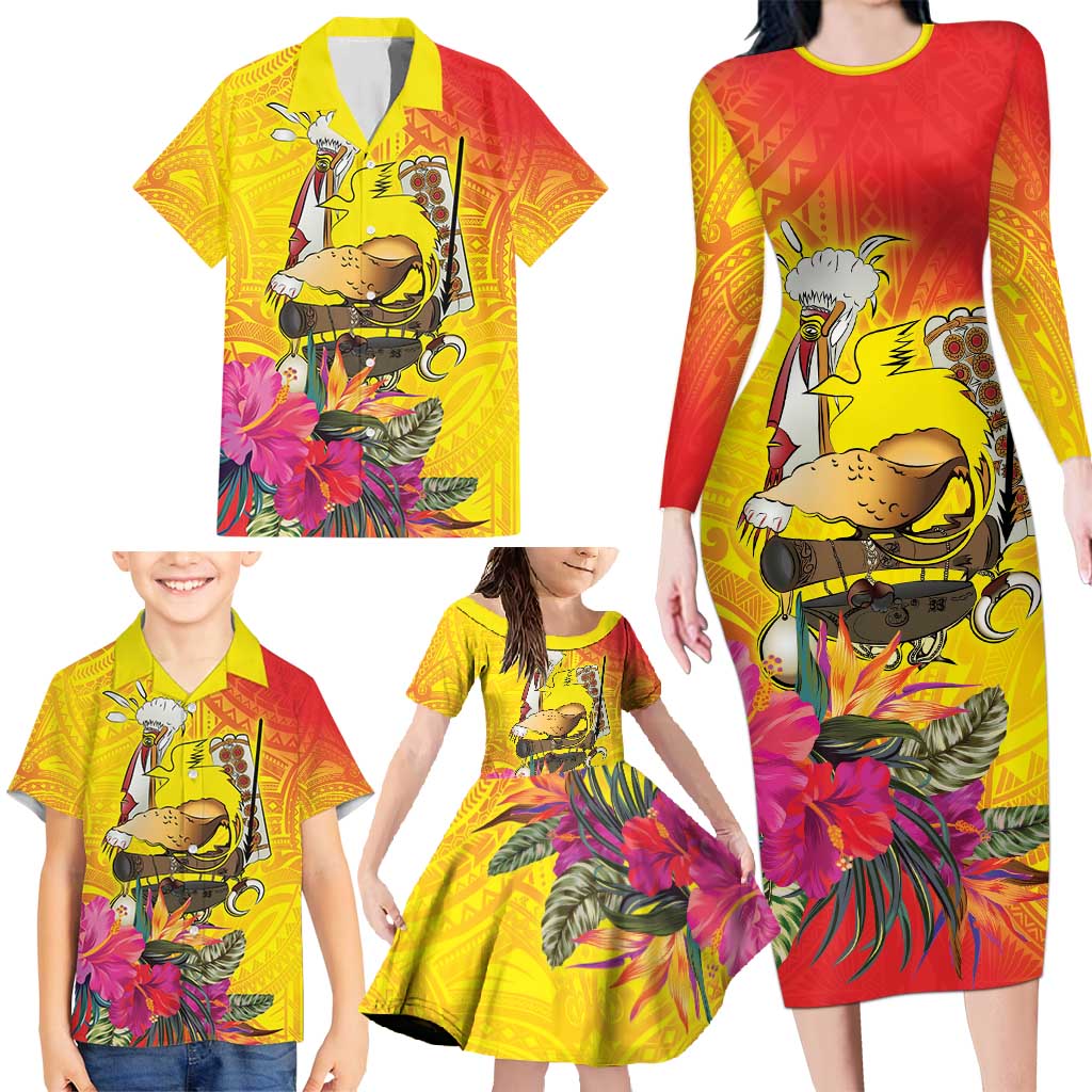 Papua New Guinea Cultural Tropical Flowers Family Matching Long Sleeve Bodycon Dress and Hawaiian Shirt LT9 - Polynesian Pride