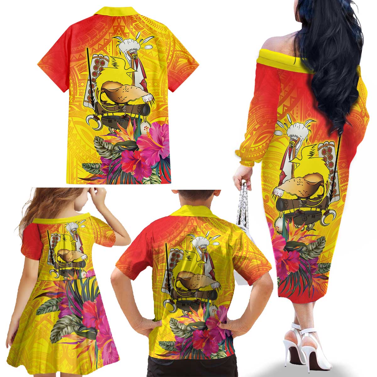 Papua New Guinea Cultural Tropical Flowers Family Matching Off The Shoulder Long Sleeve Dress and Hawaiian Shirt LT9 - Polynesian Pride