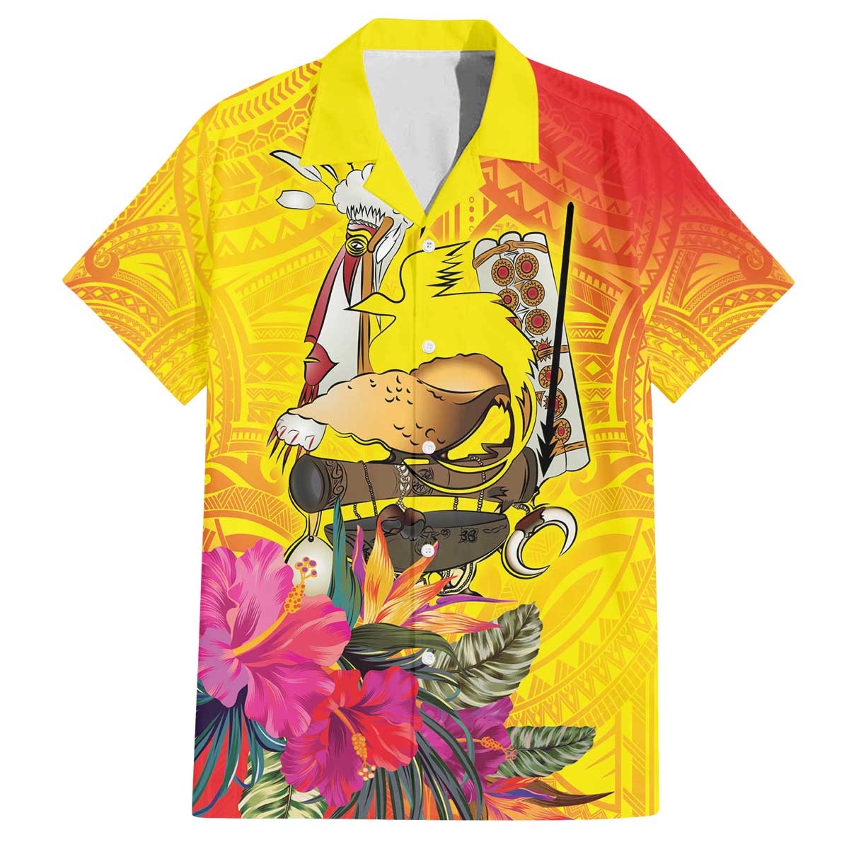 Papua New Guinea Cultural Tropical Flowers Family Matching Off The Shoulder Long Sleeve Dress and Hawaiian Shirt LT9 Dad's Shirt - Short Sleeve Gold - Polynesian Pride