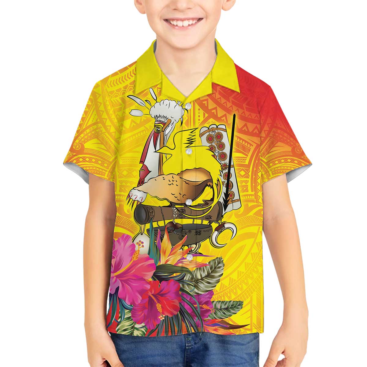 Papua New Guinea Cultural Tropical Flowers Family Matching Off The Shoulder Long Sleeve Dress and Hawaiian Shirt LT9 Son's Shirt Gold - Polynesian Pride