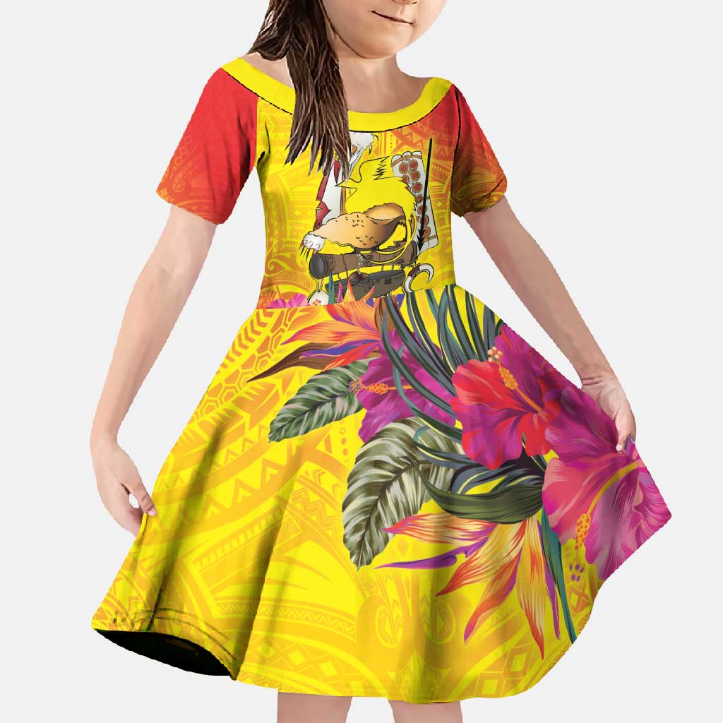 Papua New Guinea Cultural Tropical Flowers Family Matching Off Shoulder Maxi Dress and Hawaiian Shirt LT9 Daughter's Dress Gold - Polynesian Pride