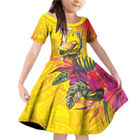 Papua New Guinea Cultural Tropical Flowers Family Matching Off Shoulder Short Dress and Hawaiian Shirt LT9 Daughter's Dress Gold - Polynesian Pride