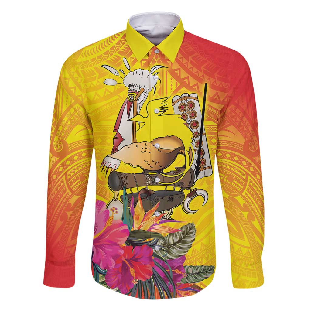 Papua New Guinea Cultural Tropical Flowers Family Matching Off Shoulder Short Dress and Hawaiian Shirt LT9 Dad's Shirt - Long Sleeve Gold - Polynesian Pride