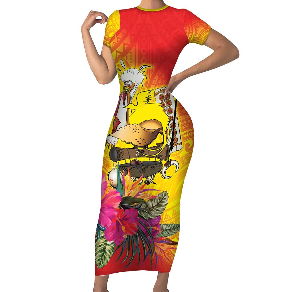 Papua New Guinea Cultural Tropical Flowers Family Matching Short Sleeve Bodycon Dress and Hawaiian Shirt LT9 Mom's Dress Gold - Polynesian Pride