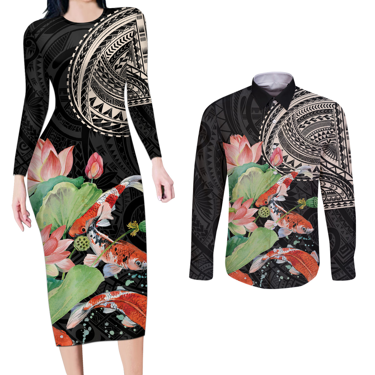 Personalized Japanese Koi Fish Couples Matching Long Sleeve Bodycon Dress and Long Sleeve Button Shirt with Polynesian Pattern