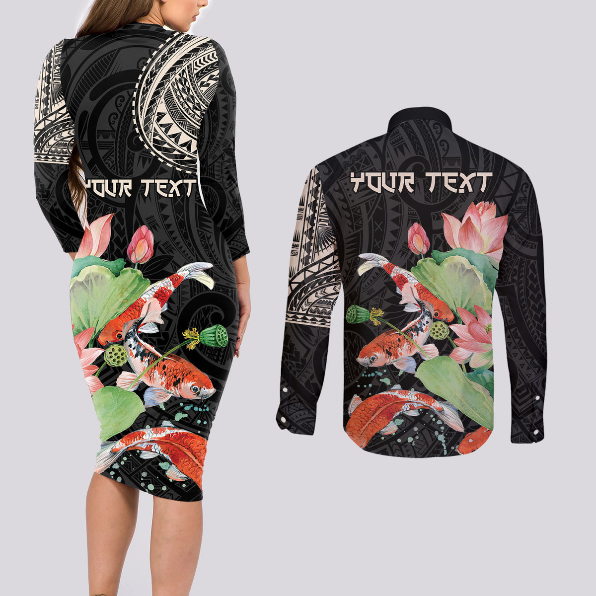 Personalized Japanese Koi Fish Couples Matching Long Sleeve Bodycon Dress and Long Sleeve Button Shirt with Polynesian Pattern