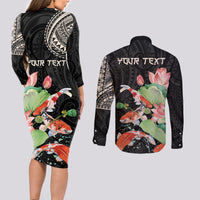 Personalized Japanese Koi Fish Couples Matching Long Sleeve Bodycon Dress and Long Sleeve Button Shirt with Polynesian Pattern