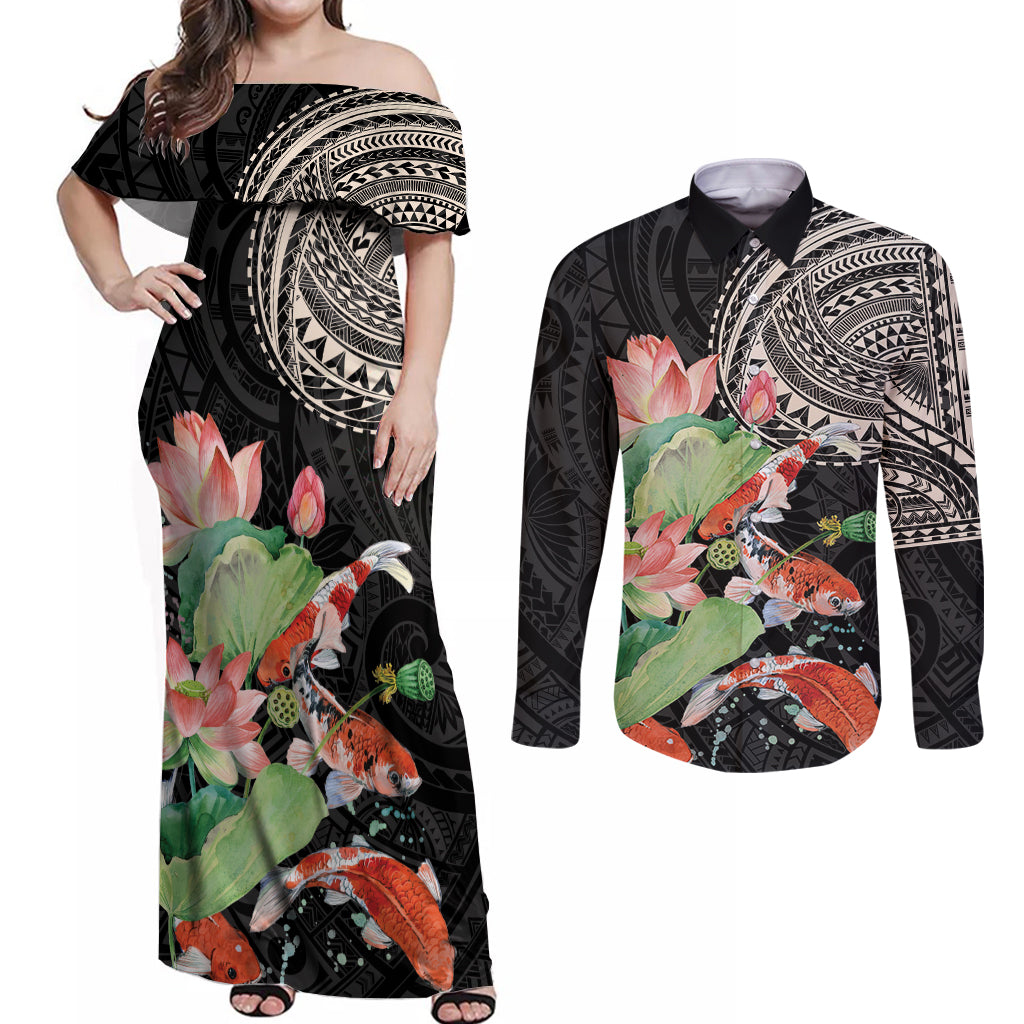 Personalized Japanese Koi Fish Couples Matching Off Shoulder Maxi Dress and Long Sleeve Button Shirt with Polynesian Pattern