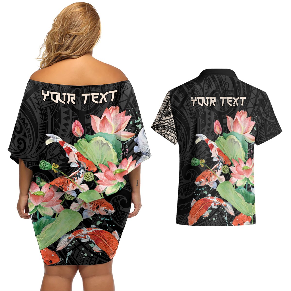 Personalized Japanese Koi Fish Couples Matching Off Shoulder Short Dress and Hawaiian Shirt with Polynesian Pattern