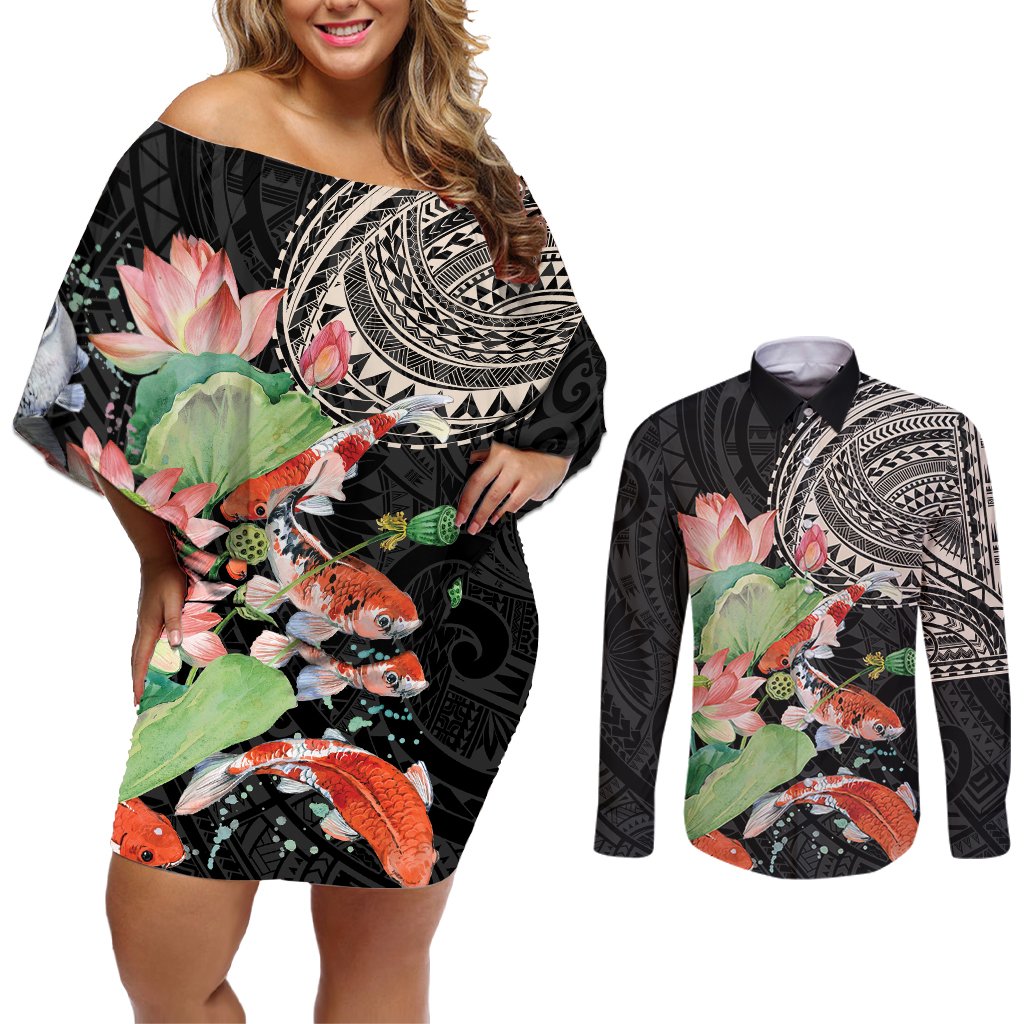 Personalized Japanese Koi Fish Couples Matching Off Shoulder Short Dress and Long Sleeve Button Shirt with Polynesian Pattern