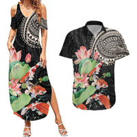 Personalized Japanese Koi Fish Couples Matching Summer Maxi Dress and Hawaiian Shirt with Polynesian Pattern