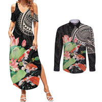 Personalized Japanese Koi Fish Couples Matching Summer Maxi Dress and Long Sleeve Button Shirt with Polynesian Pattern