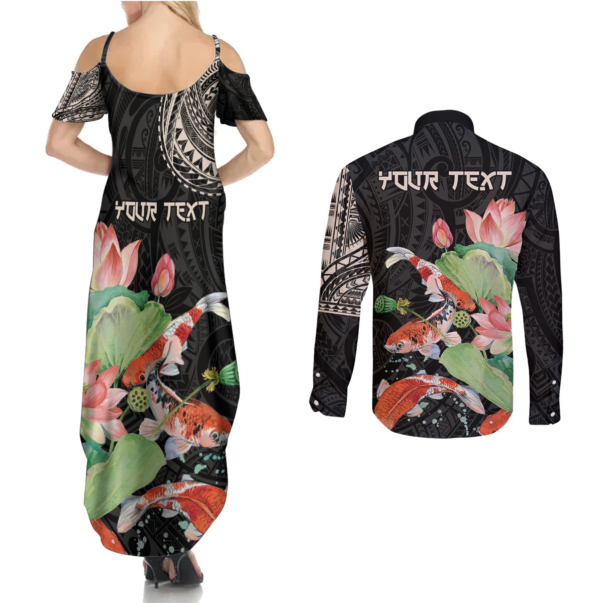 Personalized Japanese Koi Fish Couples Matching Summer Maxi Dress and Long Sleeve Button Shirt with Polynesian Pattern