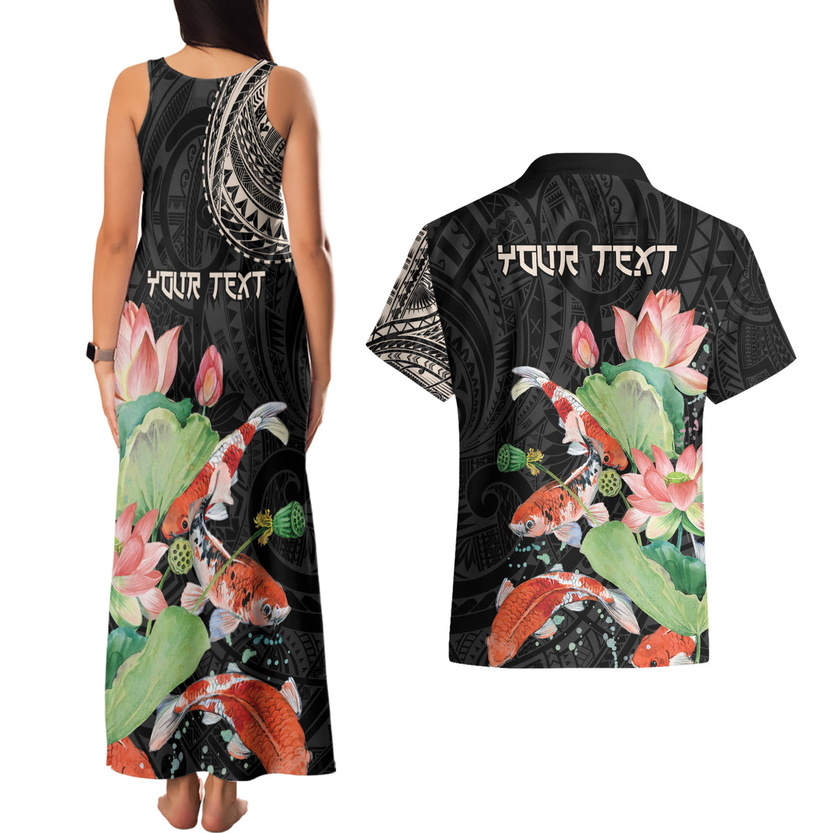 Personalized Japanese Koi Fish Couples Matching Tank Maxi Dress and Hawaiian Shirt with Polynesian Pattern