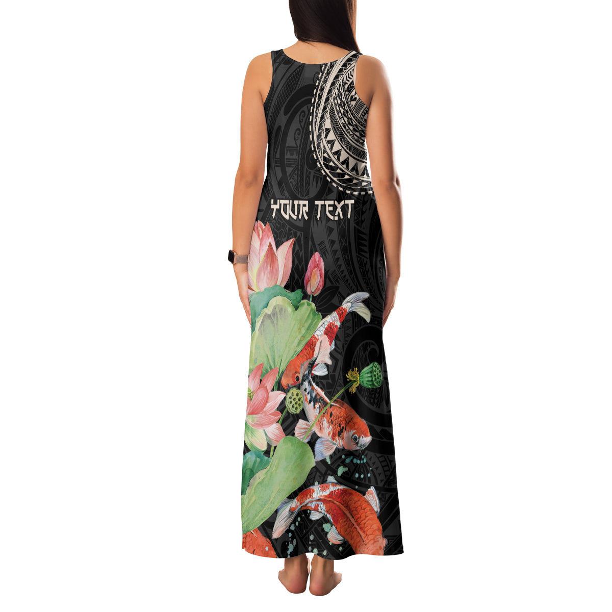 Personalized Japanese Koi Fish Family Matching Tank Maxi Dress and Hawaiian Shirt with Polynesian Pattern