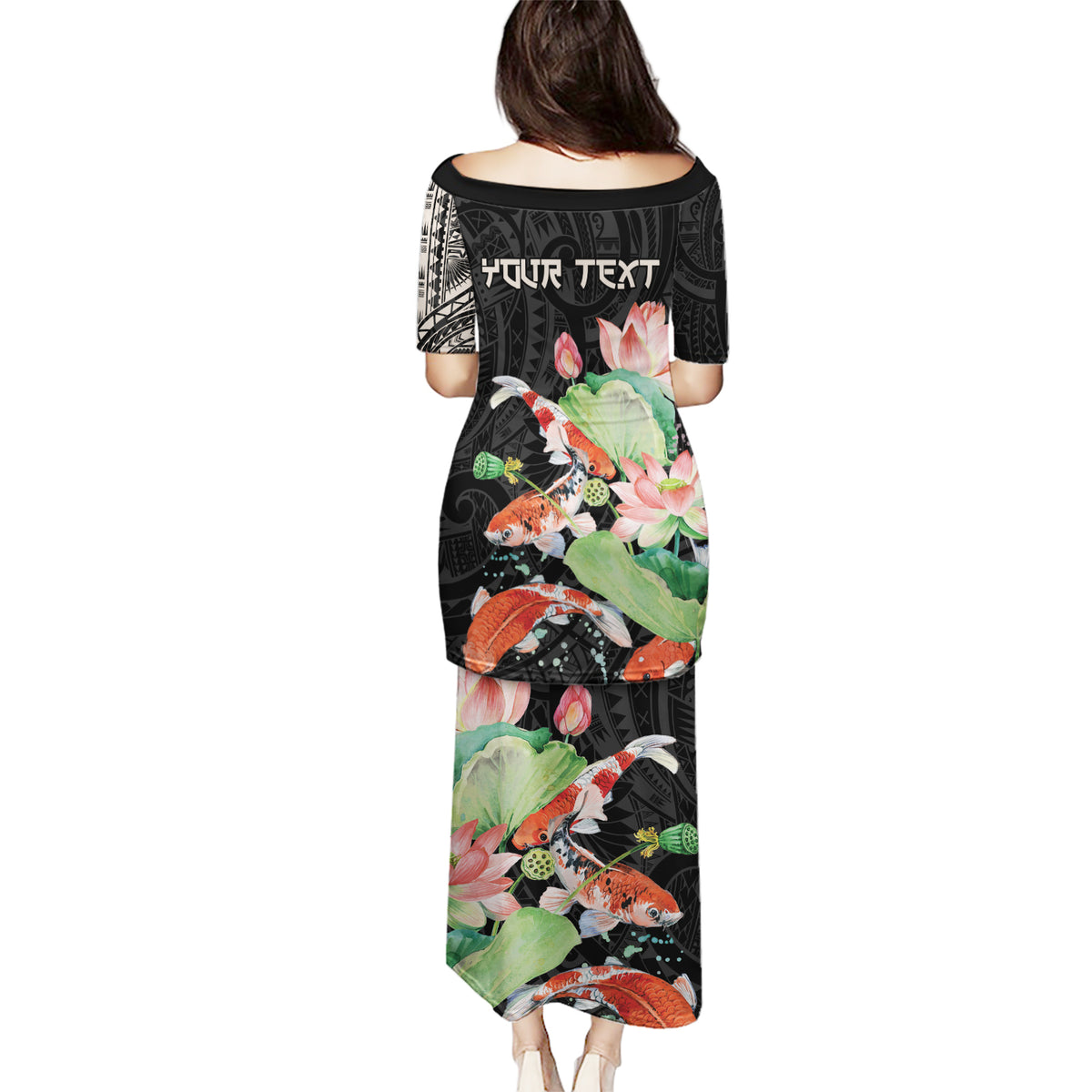 Personalized Japanese Koi Fish Puletasi with Polynesian Pattern