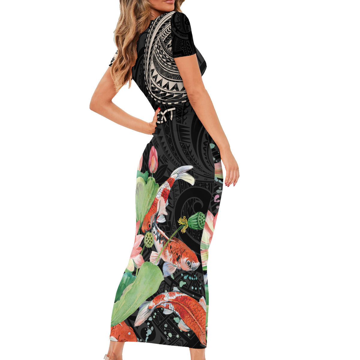 Personalized Japanese Koi Fish Short Sleeve Bodycon Dress with Polynesian Pattern