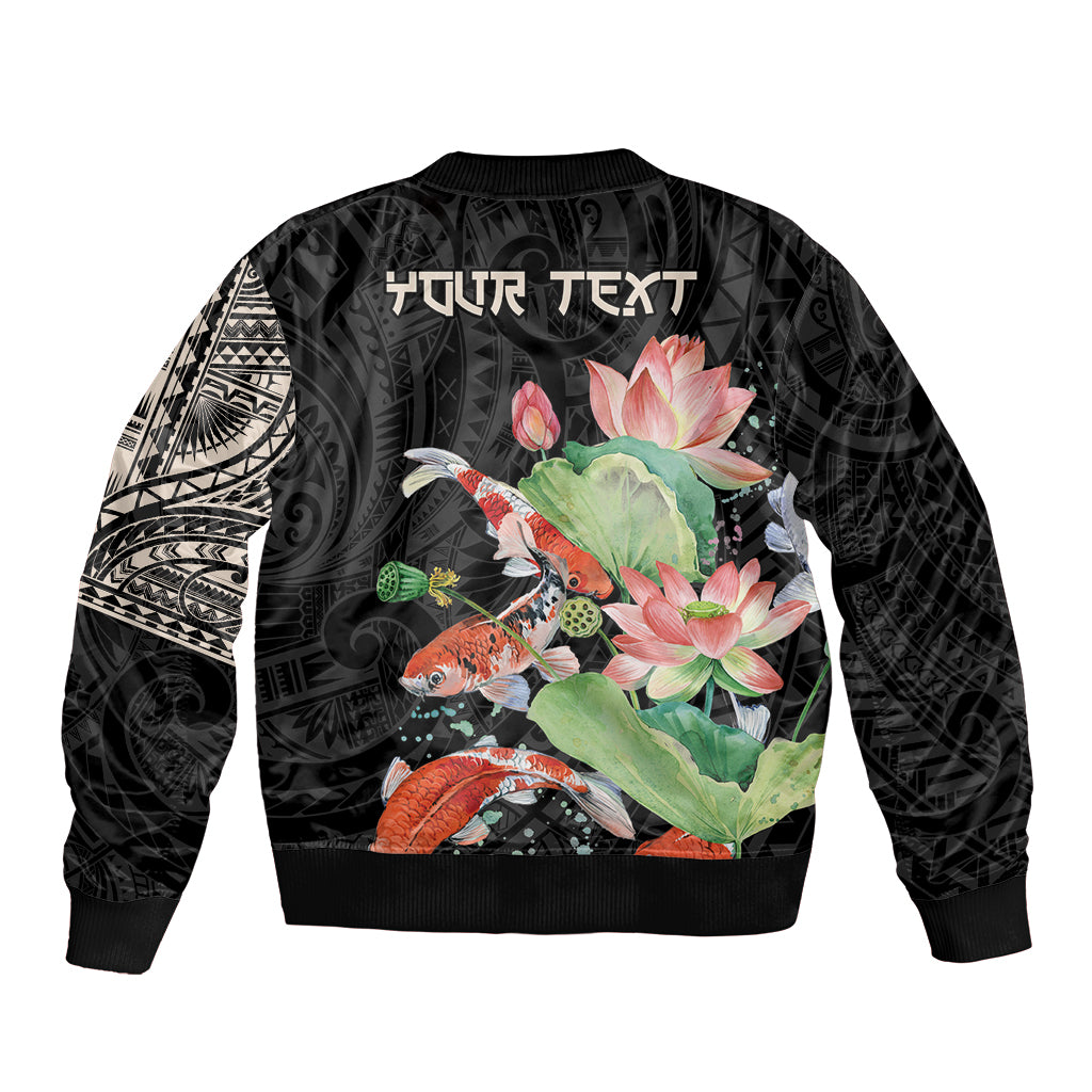 Personalized Japanese Koi Fish Sleeve Zip Bomber Jacket with Polynesian Pattern