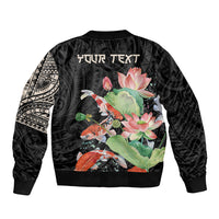 Personalized Japanese Koi Fish Sleeve Zip Bomber Jacket with Polynesian Pattern