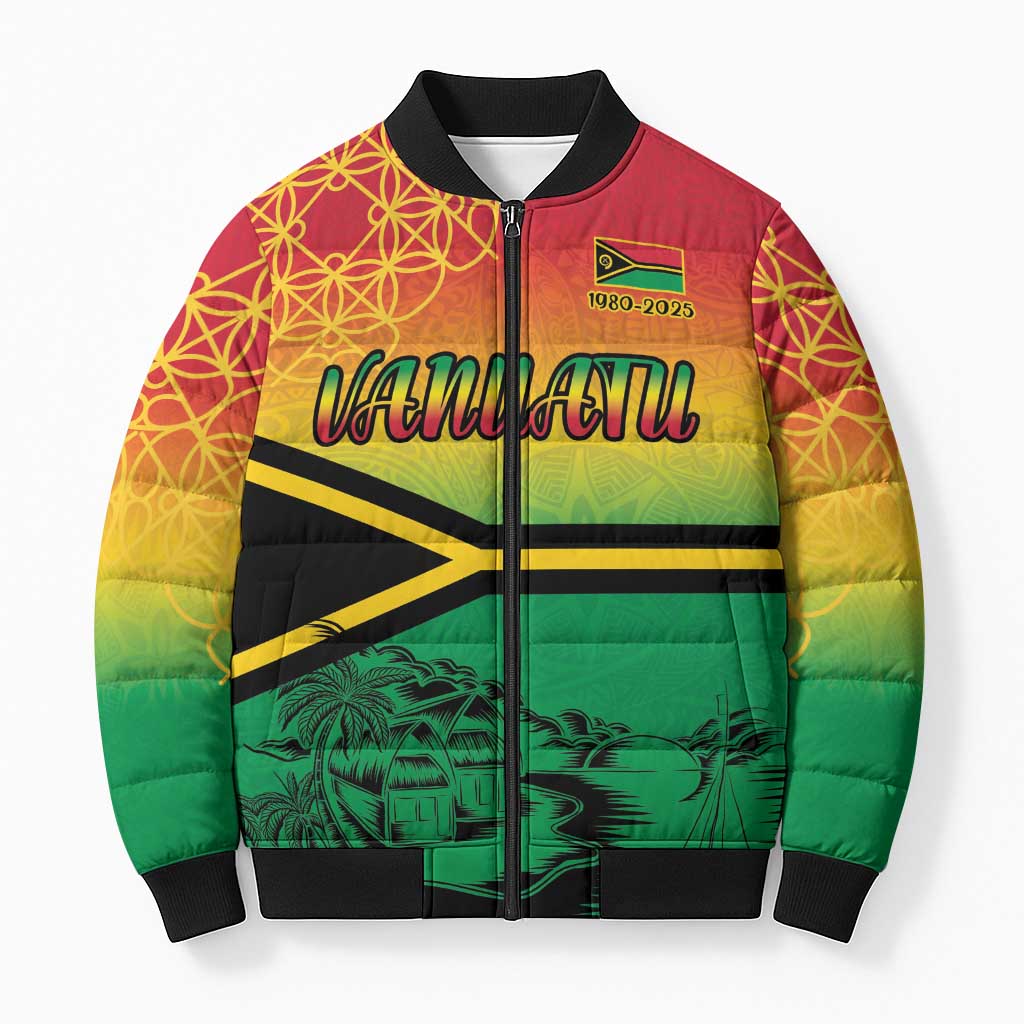 Hapi 45th Indipendens Dei Vanuatu Bomber Puffer Jacket Yumi 1980 with Vanuatuan Beach Landscape - Polynesian Pride