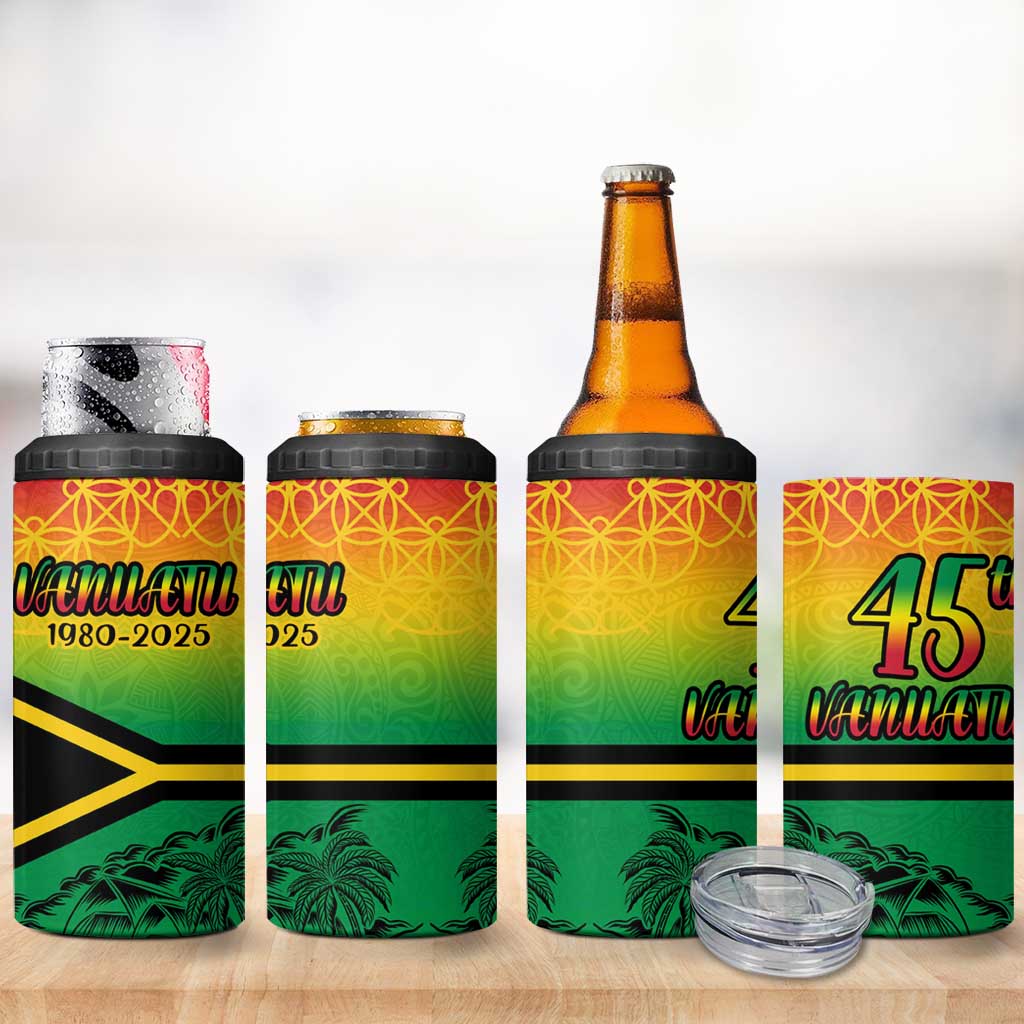 Hapi 45th Indipendens Dei Vanuatu 4 in 1 Can Cooler Tumbler Yumi 1980 with Vanuatuan Beach Landscape