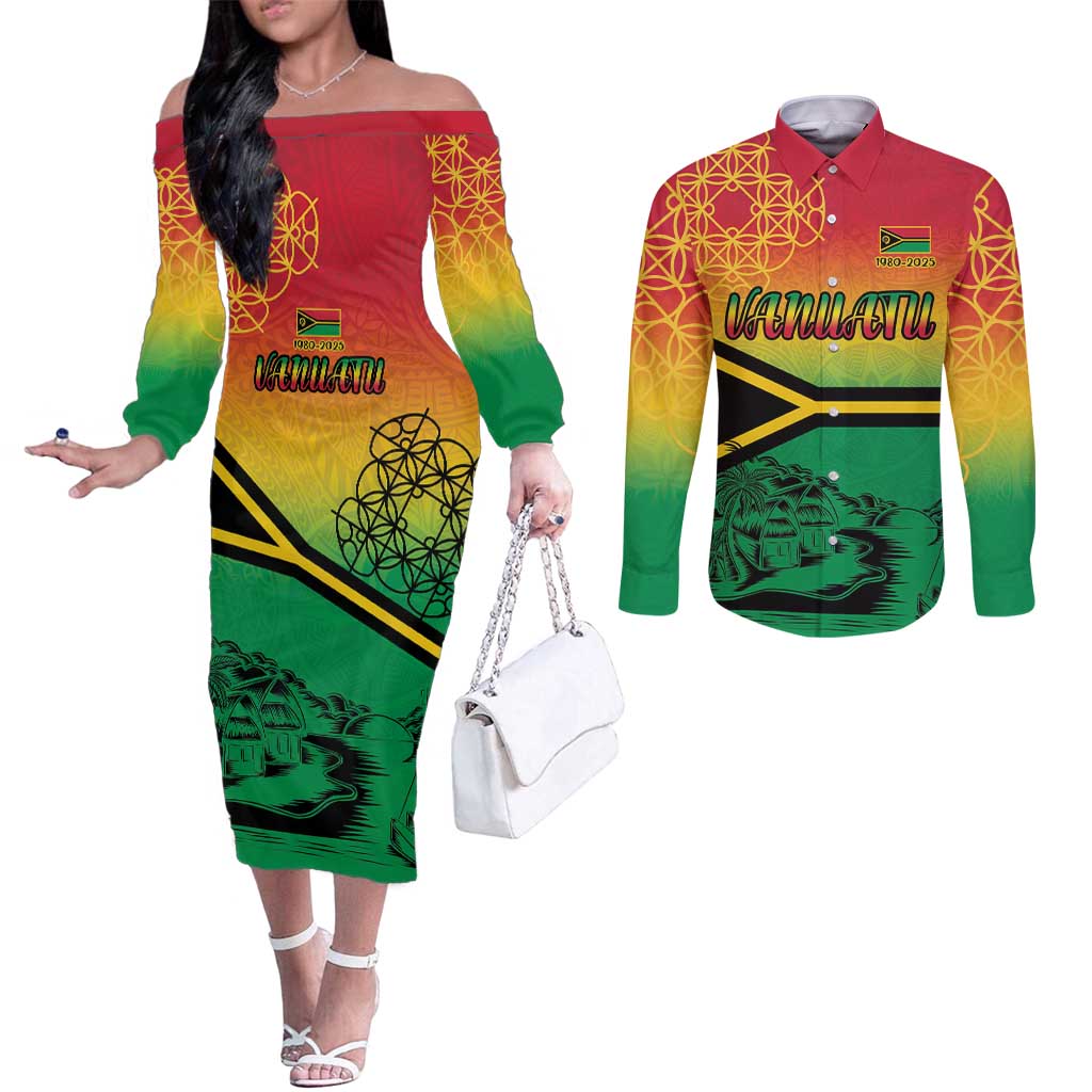 Hapi 45th Indipendens Dei Vanuatu Couples Matching Off The Shoulder Long Sleeve Dress and Long Sleeve Button Shirt Yumi 1980 with Vanuatuan Beach Landscape
