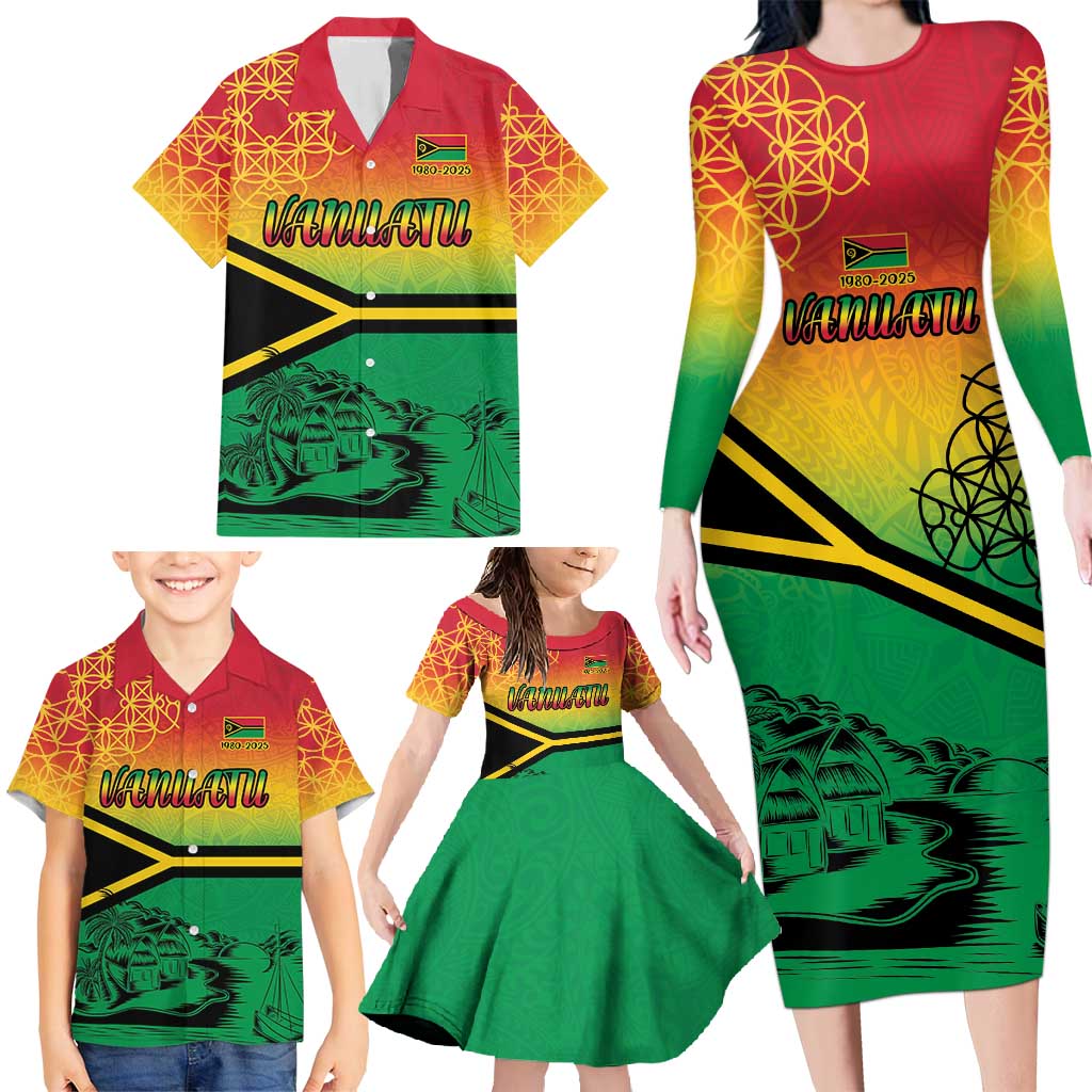 Hapi 45th Indipendens Dei Vanuatu Family Matching Long Sleeve Bodycon Dress and Hawaiian Shirt Yumi 1980 with Vanuatuan Beach Landscape