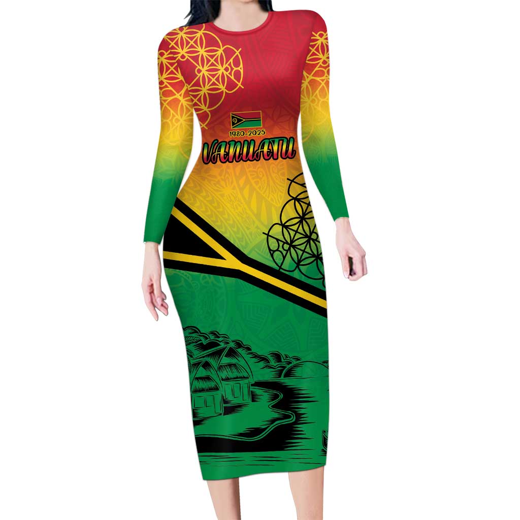 Hapi 45th Indipendens Dei Vanuatu Family Matching Long Sleeve Bodycon Dress and Hawaiian Shirt Yumi 1980 with Vanuatuan Beach Landscape LT9 Mom's Dress Red - Polynesian Pride
