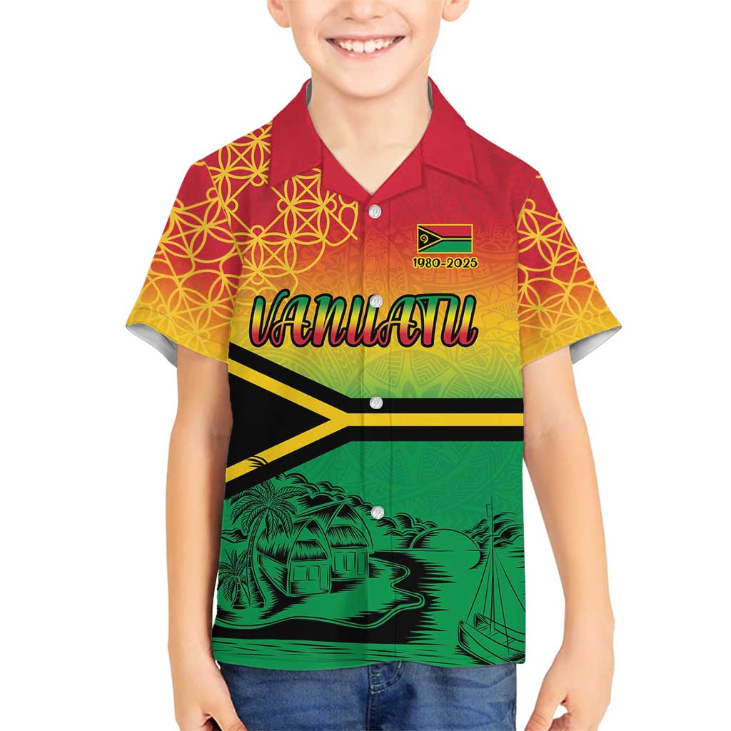 Hapi 45th Indipendens Dei Vanuatu Family Matching Long Sleeve Bodycon Dress and Hawaiian Shirt Yumi 1980 with Vanuatuan Beach Landscape LT9 Son's Shirt Red - Polynesian Pride