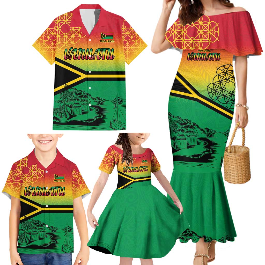Hapi 45th Indipendens Dei Vanuatu Family Matching Mermaid Dress and Hawaiian Shirt Yumi 1980 with Vanuatuan Beach Landscape LT9 - Polynesian Pride