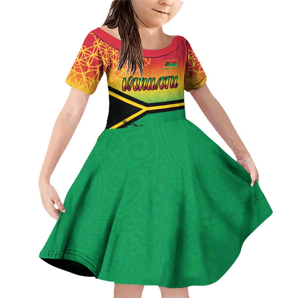 Hapi 45th Indipendens Dei Vanuatu Family Matching Off Shoulder Short Dress and Hawaiian Shirt Yumi 1980 with Vanuatuan Beach Landscape LT9 Daughter's Dress Red - Polynesian Pride