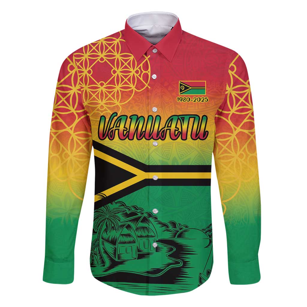 Hapi 45th Indipendens Dei Vanuatu Family Matching Off Shoulder Short Dress and Hawaiian Shirt Yumi 1980 with Vanuatuan Beach Landscape LT9 Dad's Shirt - Long Sleeve Red - Polynesian Pride