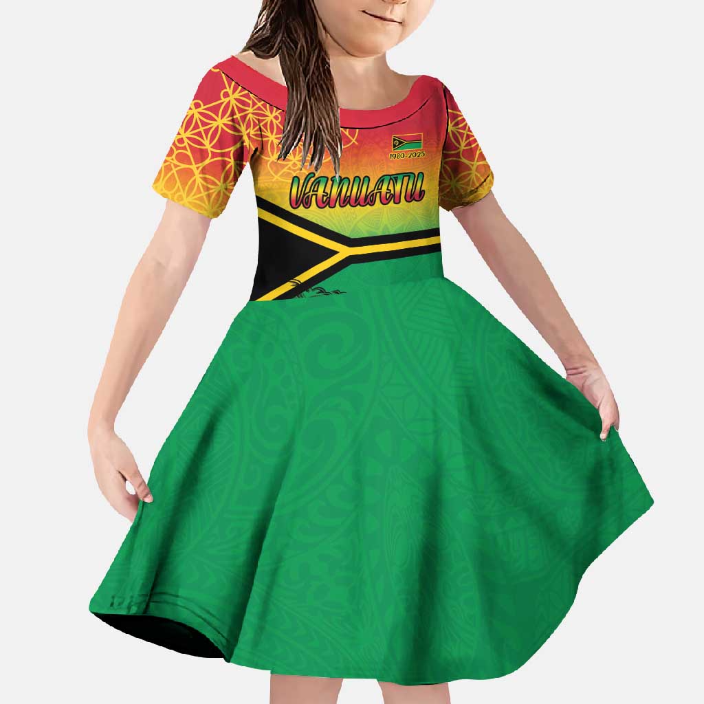 Hapi 45th Indipendens Dei Vanuatu Family Matching Short Sleeve Bodycon Dress and Hawaiian Shirt Yumi 1980 with Vanuatuan Beach Landscape LT9 Daughter's Dress Red - Polynesian Pride