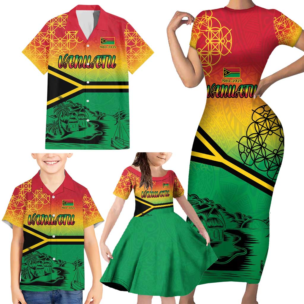 Hapi 45th Indipendens Dei Vanuatu Family Matching Short Sleeve Bodycon Dress and Hawaiian Shirt Yumi 1980 with Vanuatuan Beach Landscape