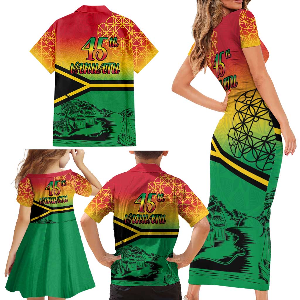 Hapi 45th Indipendens Dei Vanuatu Family Matching Short Sleeve Bodycon Dress and Hawaiian Shirt Yumi 1980 with Vanuatuan Beach Landscape LT9 - Polynesian Pride