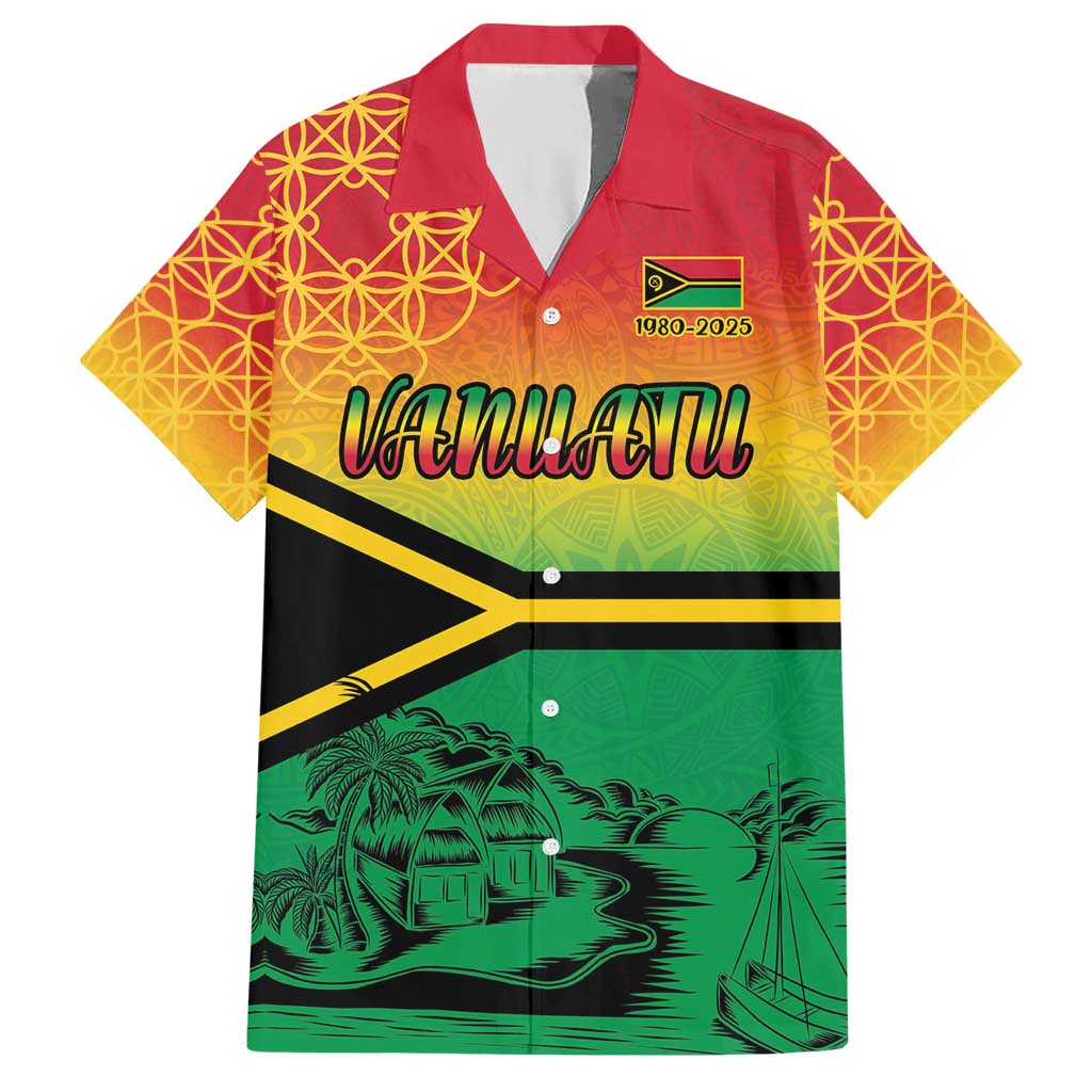 Hapi 45th Indipendens Dei Vanuatu Family Matching Short Sleeve Bodycon Dress and Hawaiian Shirt Yumi 1980 with Vanuatuan Beach Landscape LT9 Dad's Shirt - Short Sleeve Red - Polynesian Pride