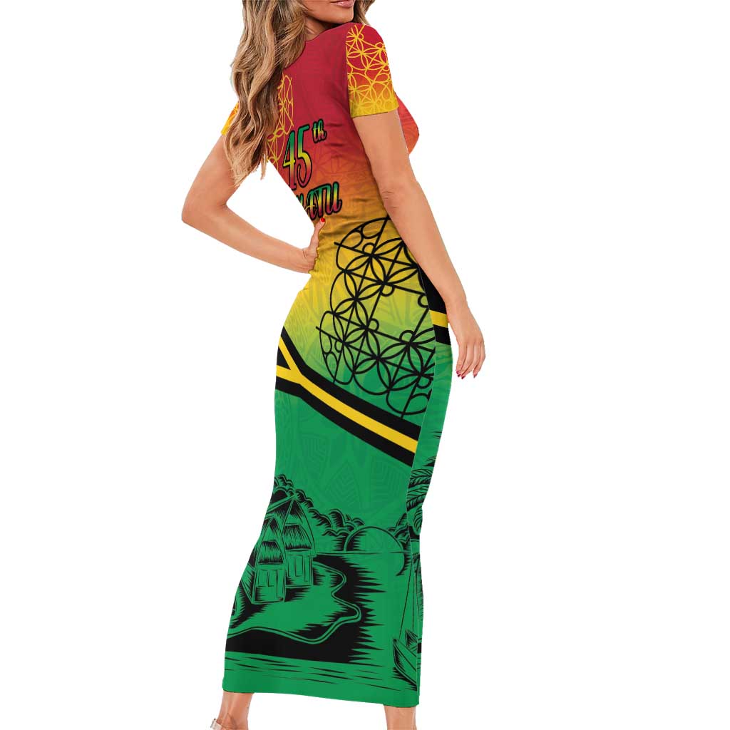Hapi 45th Indipendens Dei Vanuatu Family Matching Short Sleeve Bodycon Dress and Hawaiian Shirt Yumi 1980 with Vanuatuan Beach Landscape LT9 - Polynesian Pride