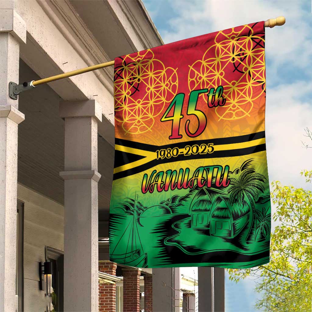 Hapi 45th Indipendens Dei Vanuatu Garden Flag Yumi 1980 with Vanuatuan Beach Landscape