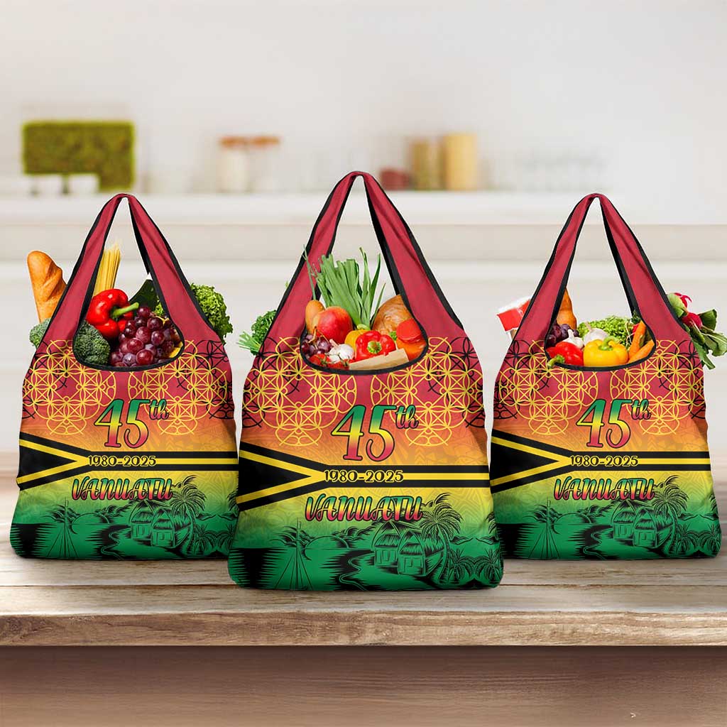 Hapi 45th Indipendens Dei Vanuatu Grocery Bag Yumi 1980 with Vanuatuan Beach Landscape