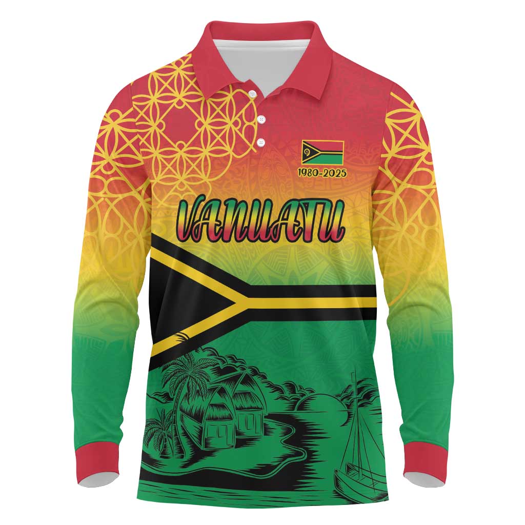 Hapi 45th Indipendens Dei Vanuatu Long Sleeve Polo Shirt Yumi 1980 with Vanuatuan Beach Landscape