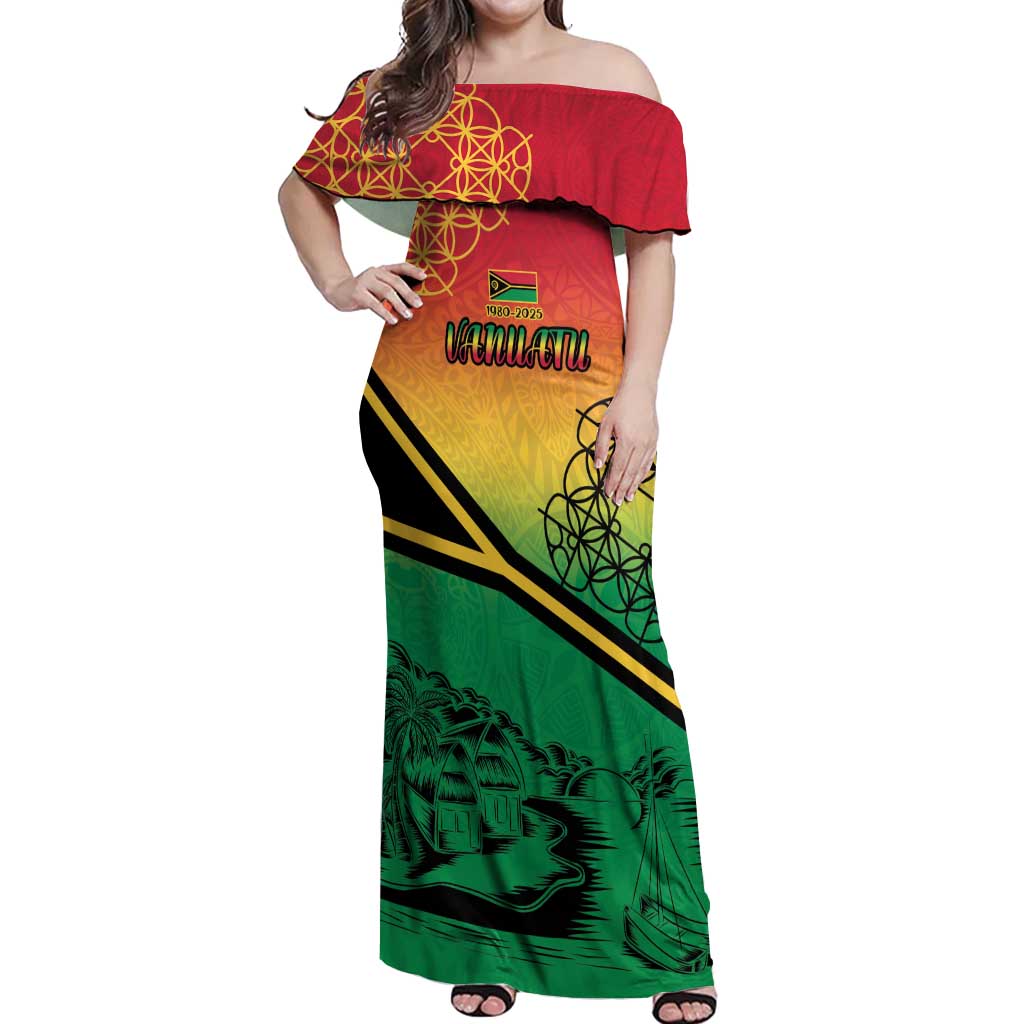 Hapi 45th Indipendens Dei Vanuatu Off Shoulder Maxi Dress Yumi 1980 with Vanuatuan Beach Landscape
