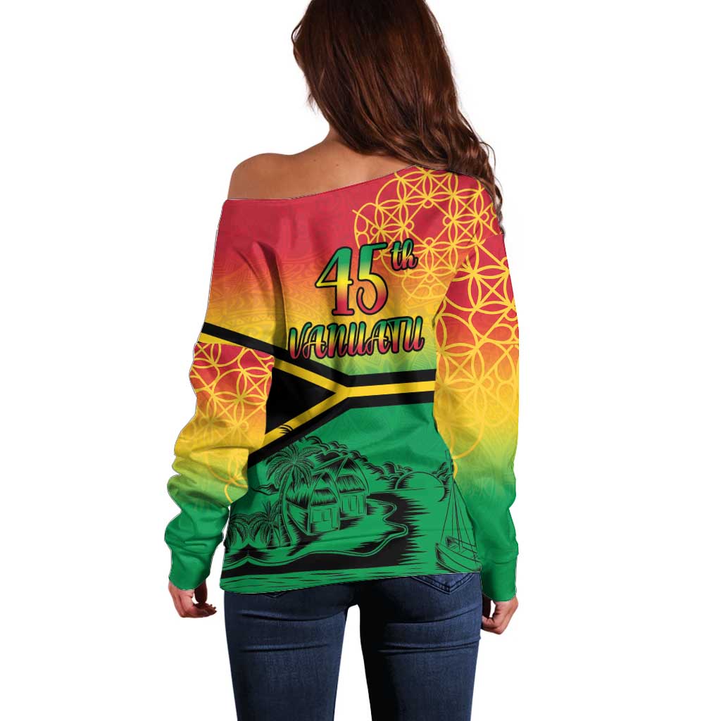 Hapi 45th Indipendens Dei Vanuatu Off Shoulder Sweater Yumi 1980 with Vanuatuan Beach Landscape
