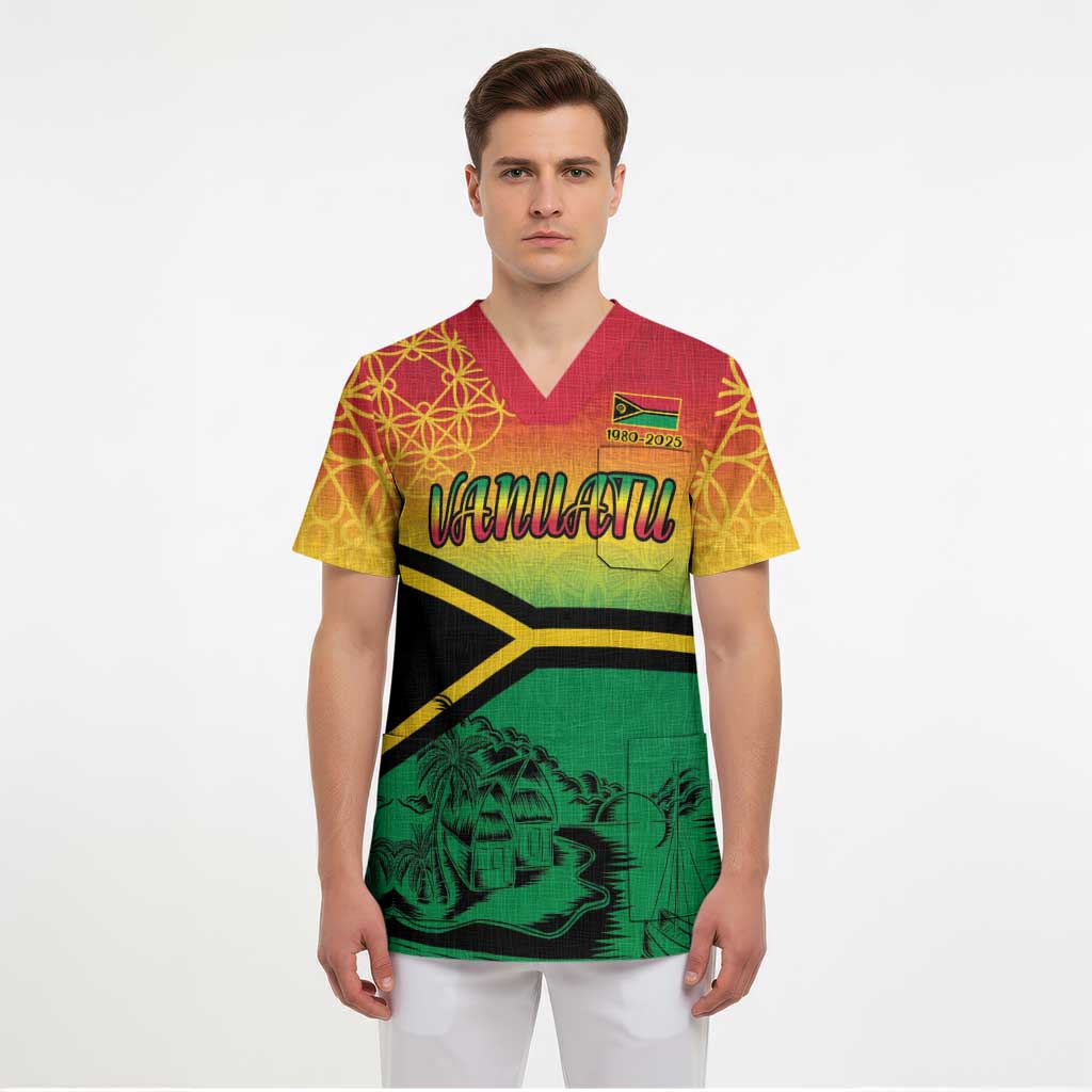 Hapi 45th Indipendens Dei Vanuatu Scrub Top Yumi 1980 with Vanuatuan Beach Landscape - Polynesian Pride