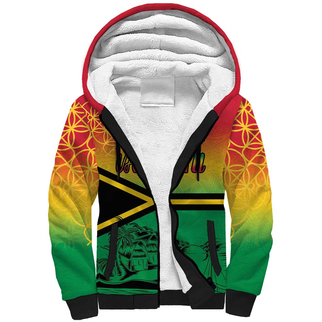 Hapi 45th Indipendens Dei Vanuatu Sherpa Hoodie Yumi 1980 with Vanuatuan Beach Landscape