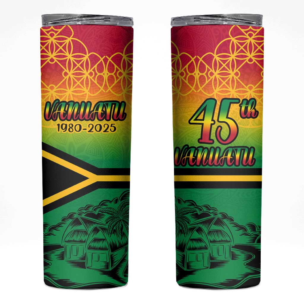 Hapi 45th Indipendens Dei Vanuatu Skinny Tumbler Yumi 1980 with Vanuatuan Beach Landscape