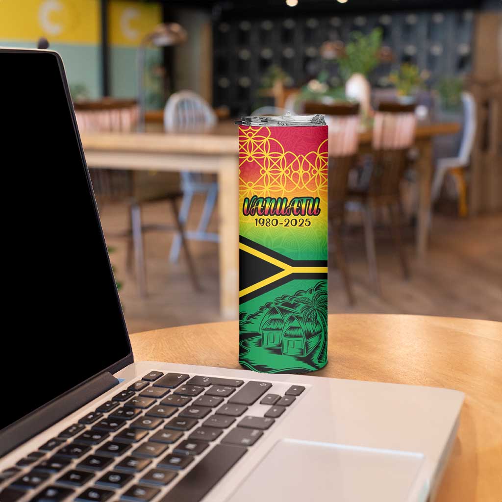 Hapi 45th Indipendens Dei Vanuatu Skinny Tumbler Yumi 1980 with Vanuatuan Beach Landscape