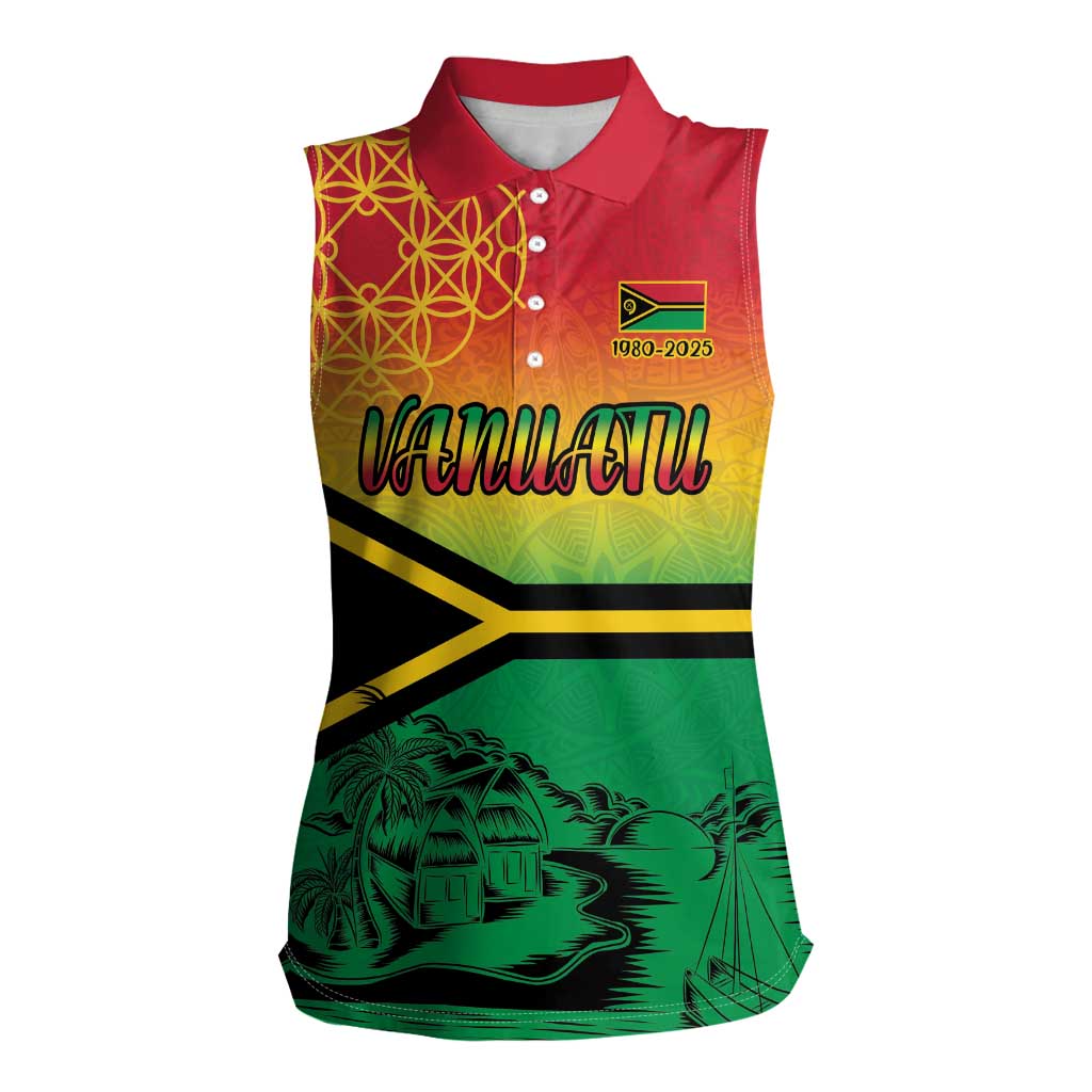 Hapi 45th Indipendens Dei Vanuatu Women Sleeveless Polo Shirt Yumi 1980 with Vanuatuan Beach Landscape